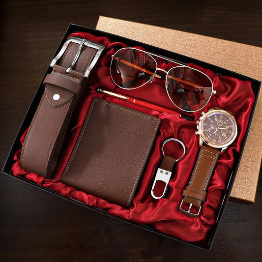 SHAARMS Men Gift Watch Business Luxury Company Mens Set 6 in 1 Watch Glasses Pen Keychain Belt Purse Welcome Holiday Birthday